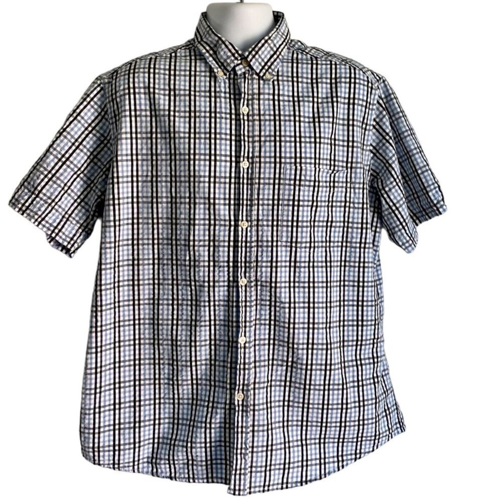 Club Room Blue White Cotton Short Sleeve Button Down Shirt Men's Large